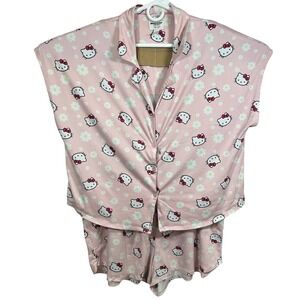 Hello Kitty Sanrio Pajama Set Pink Daisy Button Up Top Shorts XL Sleepwear‎